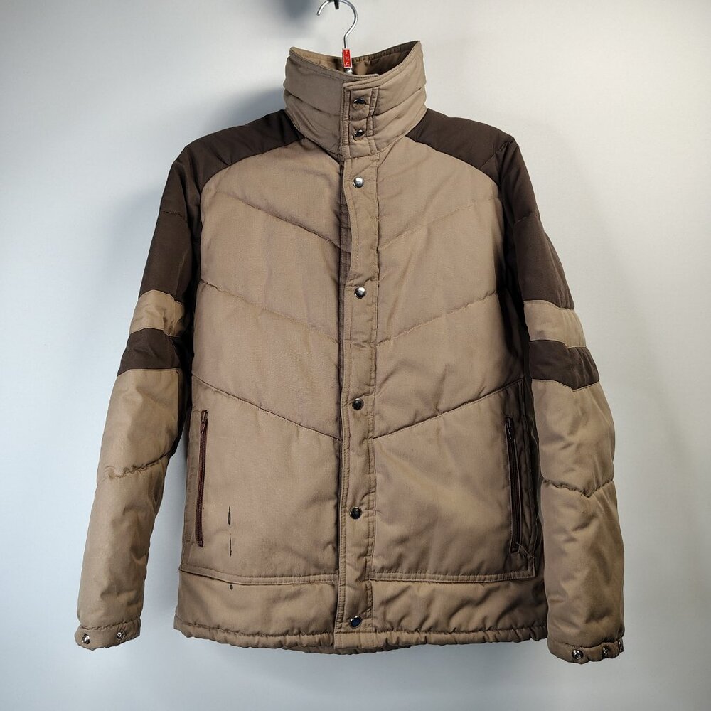 VINTAGE Weather Watcher Jacket Mens Medium Brown‎ Tan Chevron Quilted Insuated
